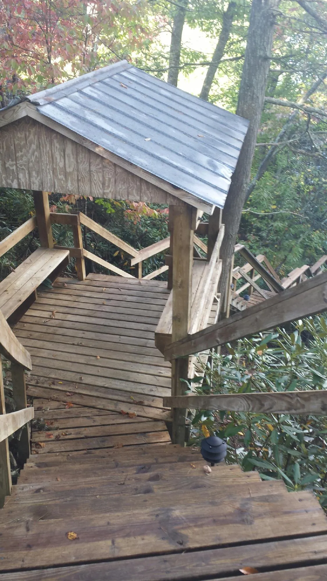 Metal roofed shelter over wooden steps on a wooded walkway — Skylight Repair & Installation work by our crew in Loami